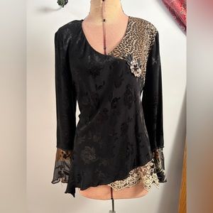 VINTAGE Spencer Alexis Black Embroidered Black Asymmetrical Blouse Tunic Size 6